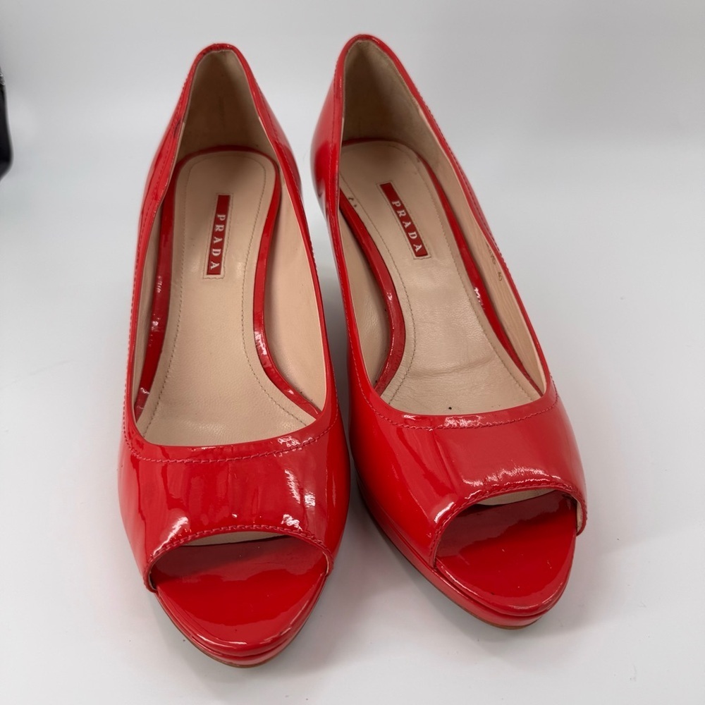 Prada Patent Leather Coral wedge heels shoes Sz 40 - Picture 2 of 9